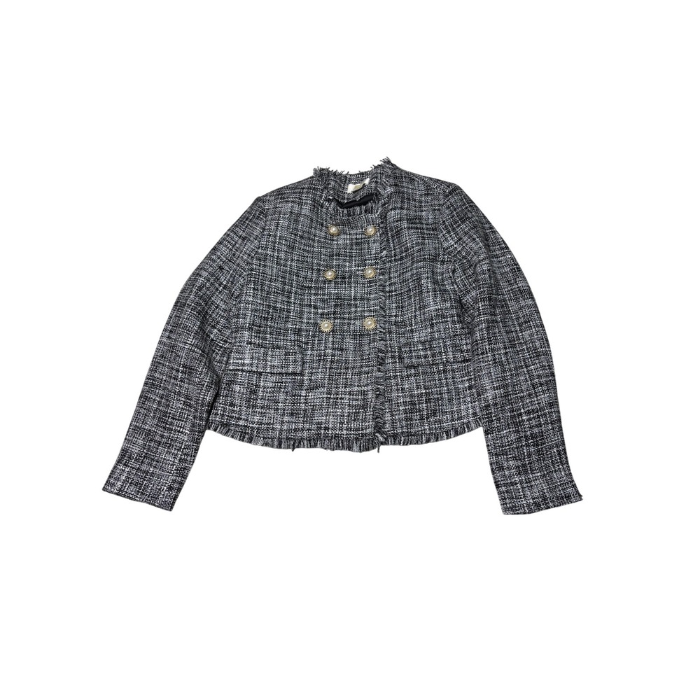 Maeve Anthropologie Black White Tweed Cropped Jacket Pearl Button Blazer Women 4